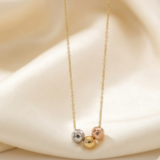 minimalist three-tone gold ball necklace featuring faceted white, yellow, and rose gold beads on a delicate chain,316l grade anti-tarnished